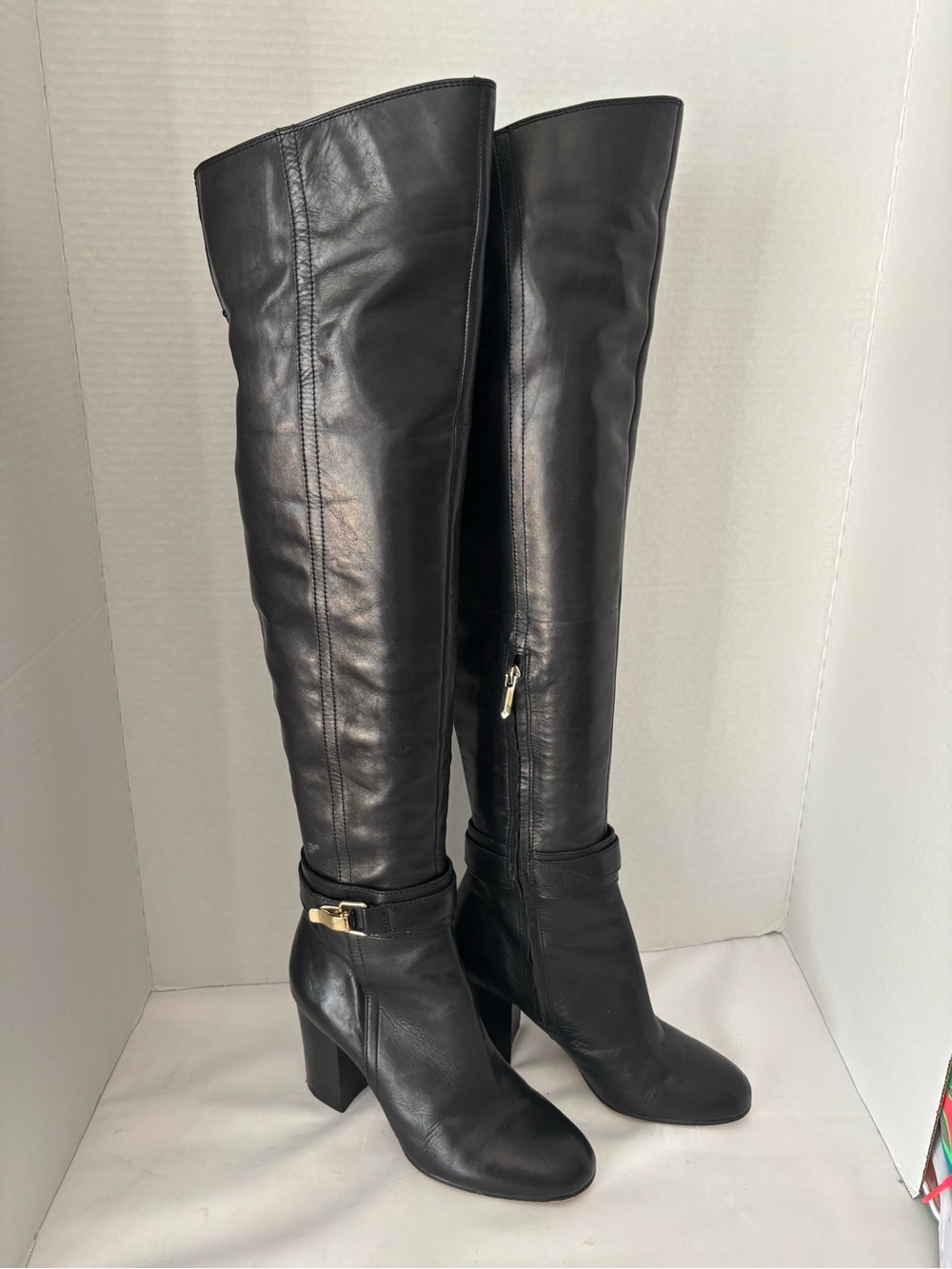 Sam Edelman Black Leather Over-the-Knee Block Heel Boots  W/ Ankle Buckle SZ 7.5 - Picture 4 of 15